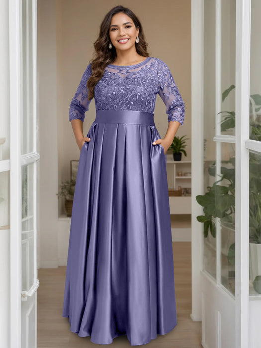 Lavender Plus Size Floor-Length Mother of the Bride A-Line Dress with 3/4 Sleeves Scoop Neck Bow & Sequins
