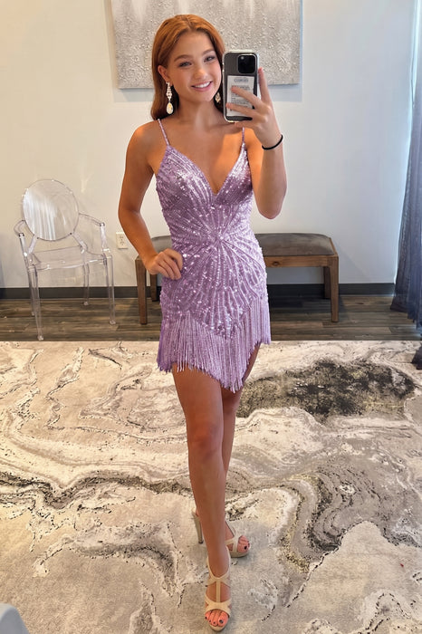 Lavender Sparkly Beaded Tight Short Homecoming Dress with Fringes