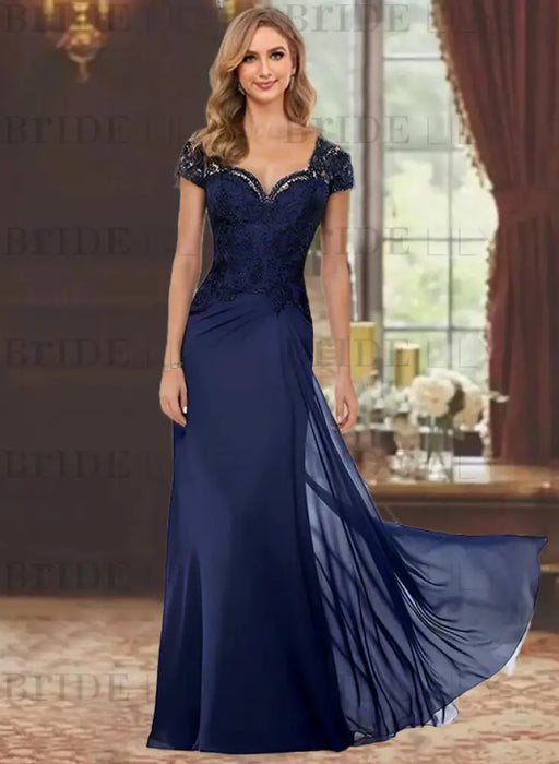 Short Sleeves Sheath Chiffon Mother of the Bride Dress with Lace Appliques