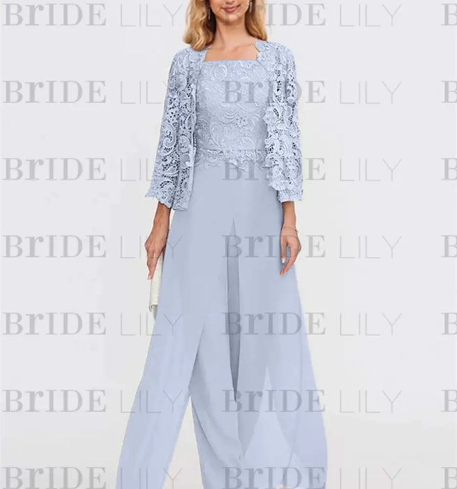 Floor-Length Square Neck Chiffon Mother of the Bride Pantsuit with Jacket & Side Split