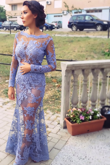 Lavender Trumpet/Mermaid Bateau Long Sleeves Applique Lace Dresses - Prom Dresses