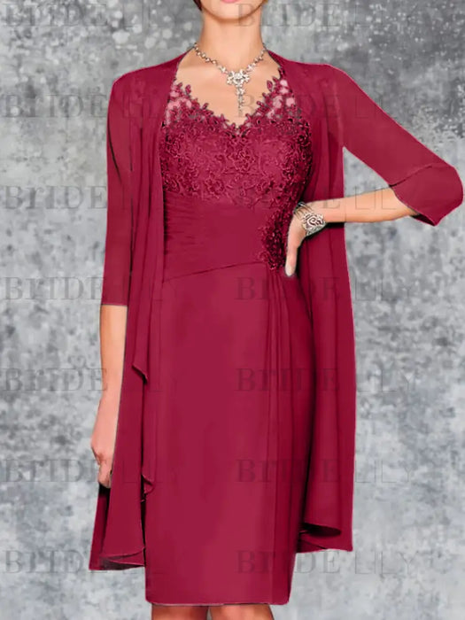 Light Burgundy Knee-Length V-Neck Sheath/Column Mother of the Bride Dresses