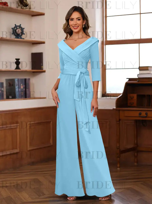 V-Neck Chiffon Jumpsuit with Ruched Detail and 3/4 Sleeves for the Mother