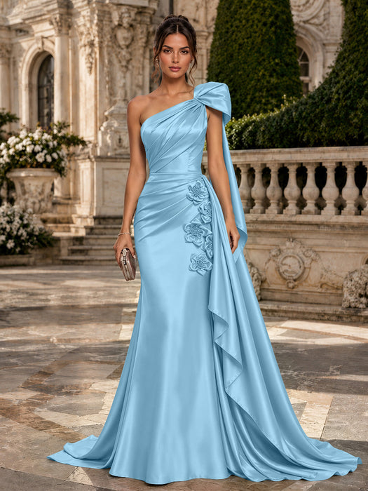 Light Blue One Shoulder Satin Mermaid Evening Dresses with 3D Flowers