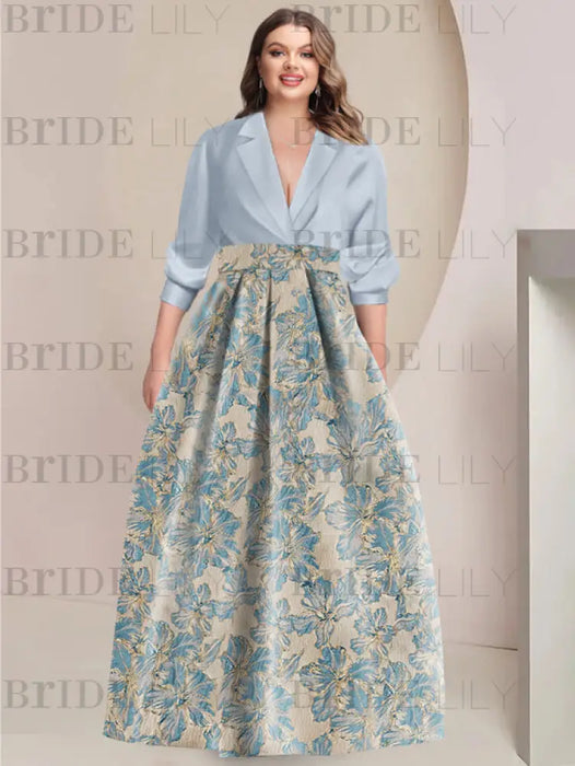 Sky Blue Printed Flower Plus Size A-Line/Princess Shirt Collar Mother of the Bride & Groom Dresses with 3/4 Sleeves