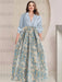 Sky Blue Printed Flower Plus Size A-Line/Princess Shirt Collar Mother of the Bride & Groom Dresses with 3/4 Sleeves
