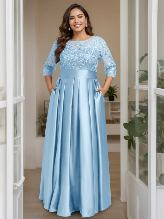 Sky Blue Plus Size Floor-Length Mother of the Bride A-Line Dress with 3/4 Sleeves Scoop Neck Bow & Sequins