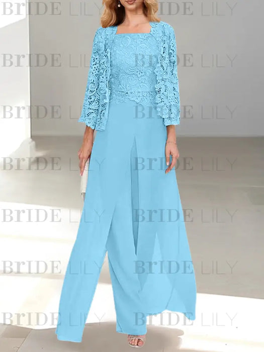 Floor-Length Square Neck Chiffon Mother of the Bride Pantsuit with Jacket & Side Split