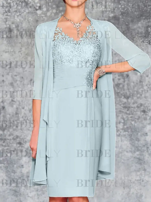 Light Blue Knee-Length V-Neck Sheath/Column Mother of the Bride Dresses