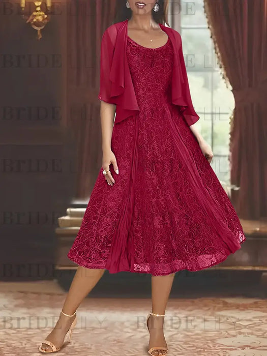 Princess A-Line Tea-Length Mother of the Bride Dress with Scoop Neck Half Sleeves Appliques and Jacket