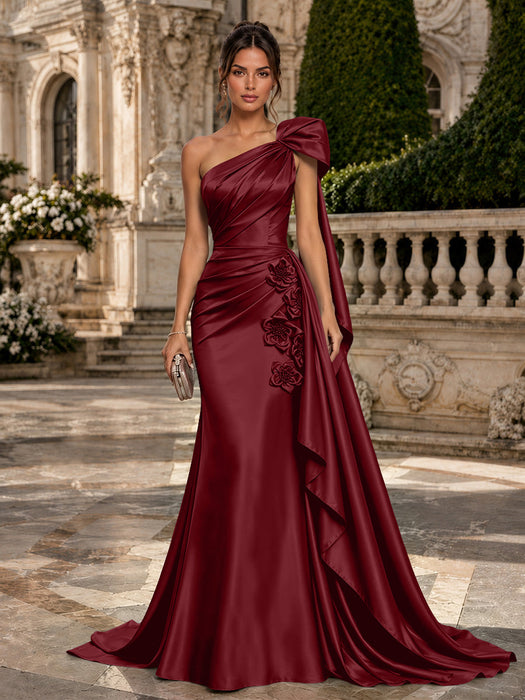 Light Burgundy One Shoulder Satin Mermaid Evening Dresses with 3D Flowers