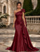 Light Burgundy One Shoulder Satin Mermaid Evening Dresses with 3D Flowers