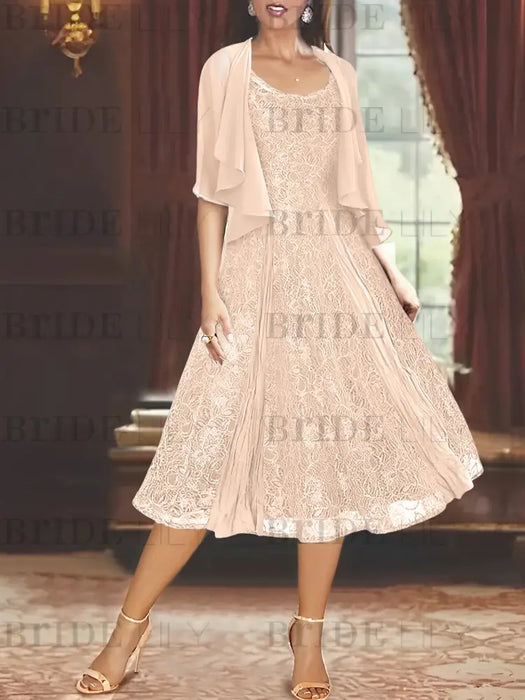Princess A-Line Tea-Length Mother of the Bride Dress with Scoop Neck Half Sleeves Appliques and Jacket