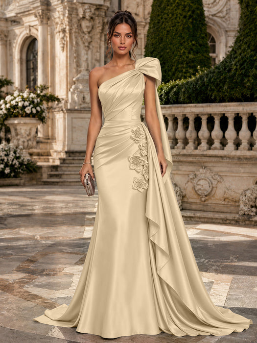 Light Champagne One Shoulder Satin Mermaid Evening Dresses with 3D Flowers