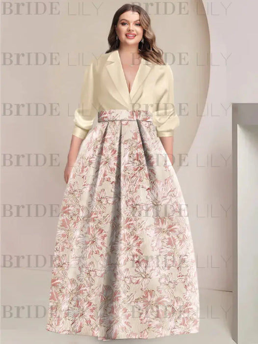 Plus Size Flower A-Line Satin Mother of the Bride Dresses V-Neck with 3/4 Sleeves