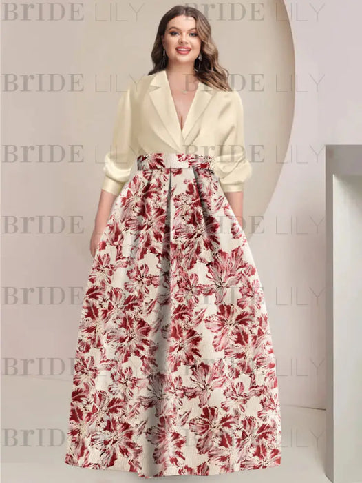 Plus Size Flower A-Line Satin Mother of the Bride Dresses V-Neck with 3/4 Sleeves
