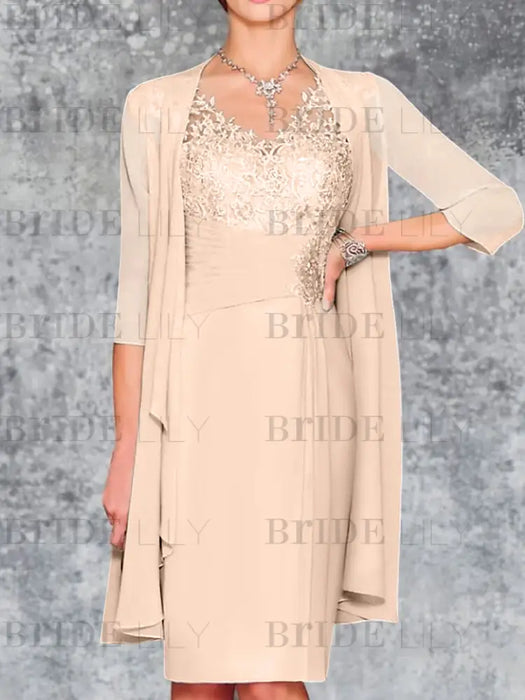 Light Champagne Knee-Length V-Neck Sheath/Column Mother of the Bride Dresses