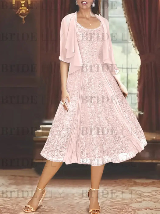 Princess A-Line Tea-Length Mother of the Bride Dress with Scoop Neck Half Sleeves Appliques and Jacket