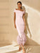 Unique Off-the-Shoulder Tea-Length Mother of the Bride Dress with Short Sleeves and Feathers