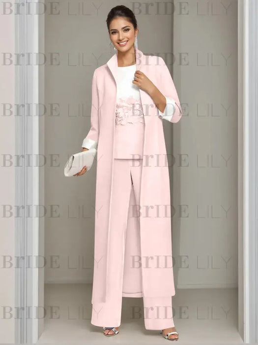 Ankle-Length Mother of the Bride Pantsuits in 3 Pieces Featuring Square Neck Jacket & Lace Appliques