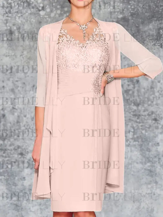 Light Pink Knee-Length V-Neck Sheath/Column Mother of the Bride Dresses