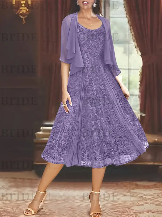 Princess A-Line Tea-Length Mother of the Bride Dress with Scoop Neck Half Sleeves Appliques and Jacket