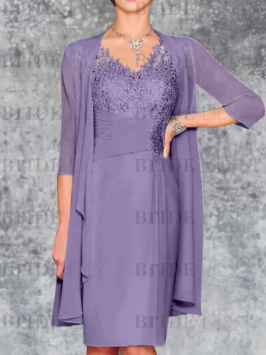 Light Purple Knee-Length V-Neck Sheath/Column Mother of the Bride Dresses