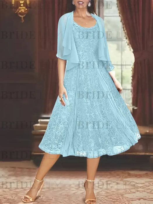 Princess A-Line Tea-Length Mother of the Bride Dress with Scoop Neck Half Sleeves Appliques and Jacket