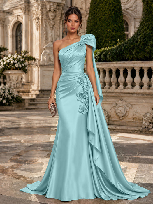 Light Sky Blue One Shoulder Satin Mermaid Evening Dresses with 3D Flowers