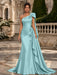 Light Sky Blue One Shoulder Satin Mermaid Evening Dresses with 3D Flowers