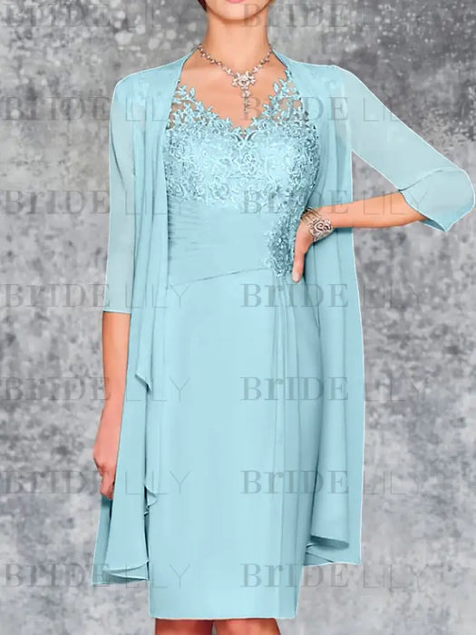 Light Sky Blue Knee-Length V-Neck Sheath/Column Mother of the Bride Dresses