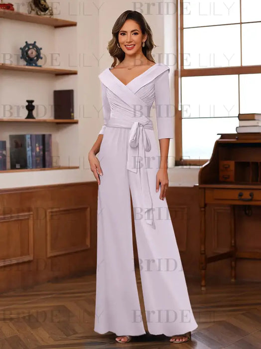 V-Neck Chiffon Jumpsuit with Ruched Detail and 3/4 Sleeves for the Mother