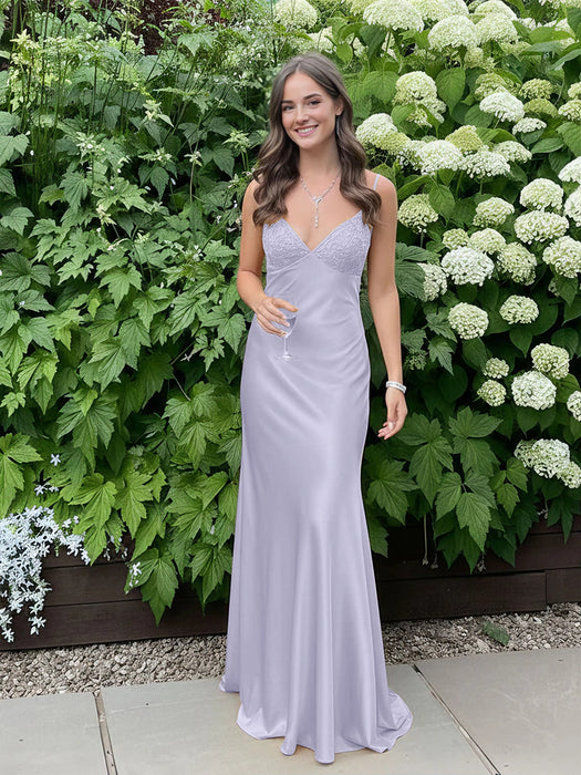 Lilac V-neck Beaded Satin A Line Prom Dress