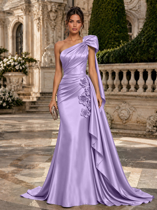 Lilac One Shoulder Satin Mermaid Evening Dresses with 3D Flowers