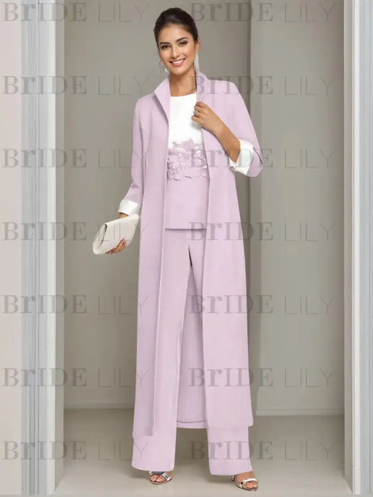 Ankle-Length Mother of the Bride Pantsuits in 3 Pieces Featuring Square Neck Jacket & Lace Appliques