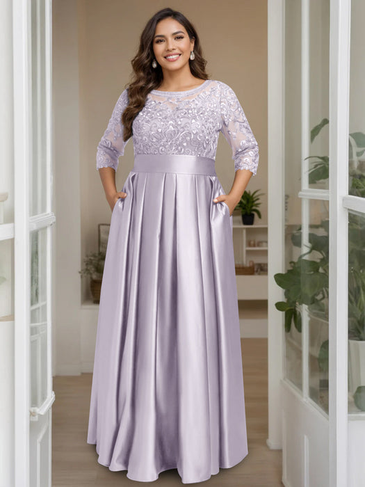 Lilac Plus Size Floor-Length Mother of the Bride A-Line Dress with 3/4 Sleeves Scoop Neck Bow & Sequins