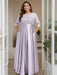 Lilac Plus Size Floor-Length Mother of the Bride A-Line Dress with 3/4 Sleeves Scoop Neck Bow & Sequins