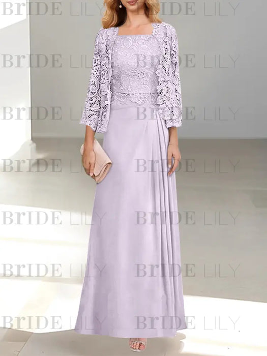 Two Pieces A-Line/Princess Scoop Mother of the Bride Dresses with Pleated & Lace Appliques Floor-Length