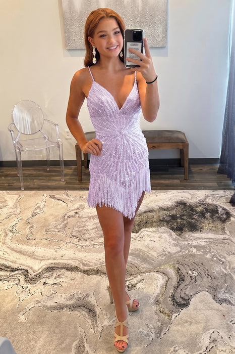 Lilac Sparkly Beaded Tight Short Homecoming Dress with Fringes