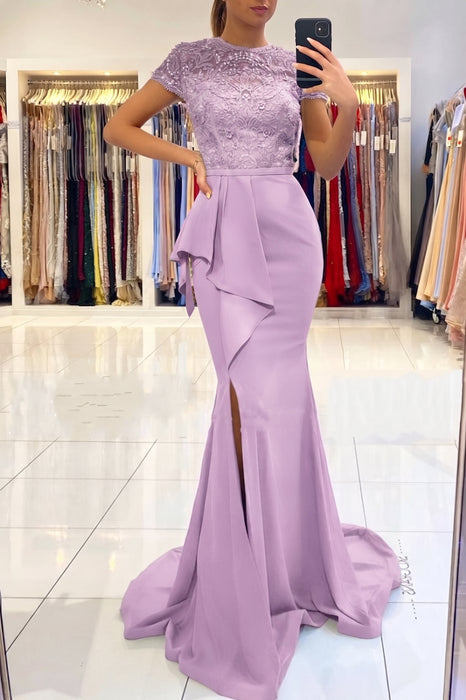 Lilac Short Sleeve Lace Mermaid Prom Dress with Slit