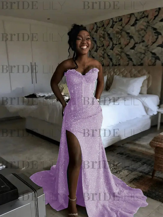 Lilac Sparkly Strapless Mermaid Sequined Prom Dress with Slit