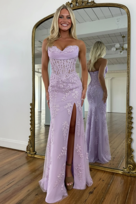 Lilac Sweetheart Lace Corset Mermaid Prom Dress Strapless with Split - Prom Dresses
