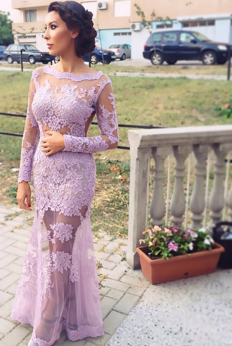 Lilac Trumpet/Mermaid Bateau Long Sleeves Applique Lace Dresses - Prom Dresses