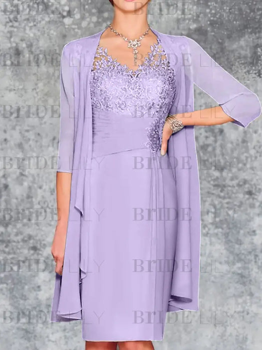 Lilac Knee-Length V-Neck Sheath/Column Mother of the Bride Dresses