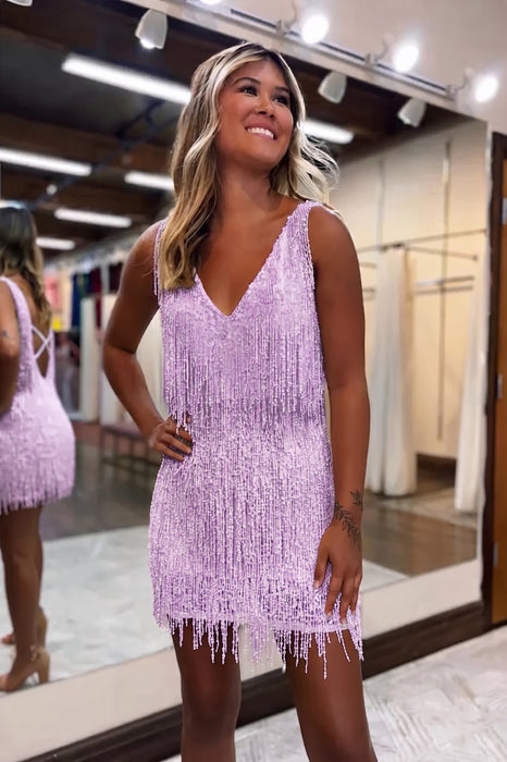 Lilac V-Neck Backless Tight Short Homecoming Dress with Fringes