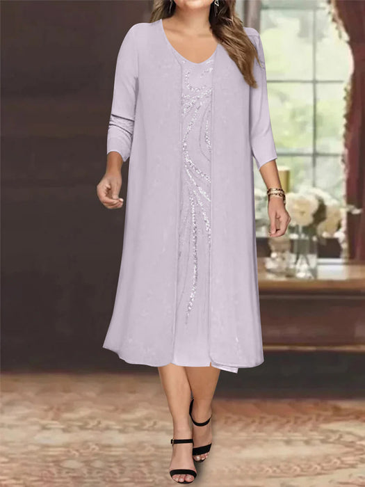 Lilac V-Neck Long-Sleeve Tea-Length Plus Size Mother of the Bride Dress with Jacket and Sequins