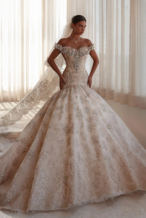Luxury Off-the-Shoulder Mermaid Wedding Dress Lace with Crystals