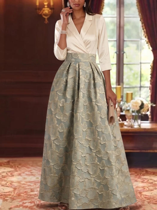 Floral Jacquard Mother of the Bride Dress A-Line V-Neck with 3/4 Sleeves