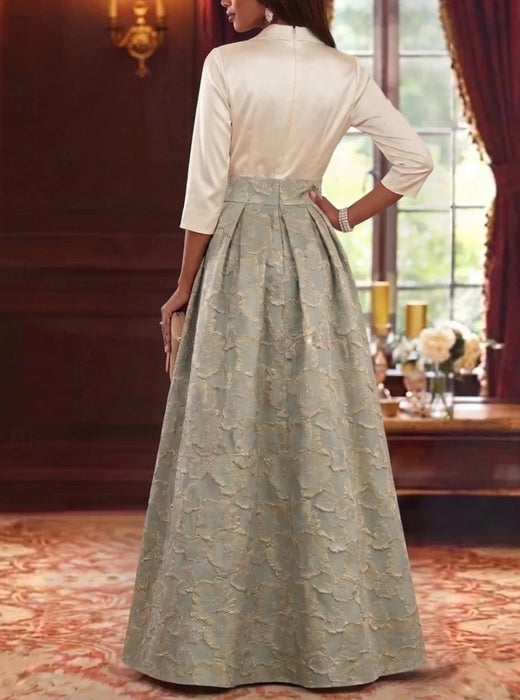 Floral Jacquard Mother of the Bride Dress A-Line V-Neck with 3/4 Sleeves