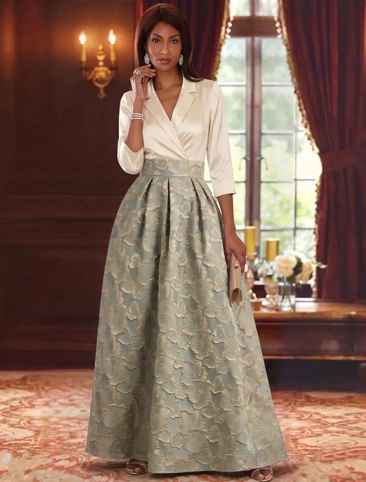 Floral Jacquard Mother of the Bride Dress A-Line V-Neck with 3/4 Sleeves